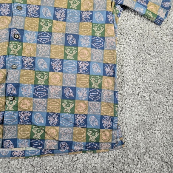 Harley Davidson Shirt Mens Medium Button Up Short Sleeve Engine Print Hawaiian - Picture 2 of 11
